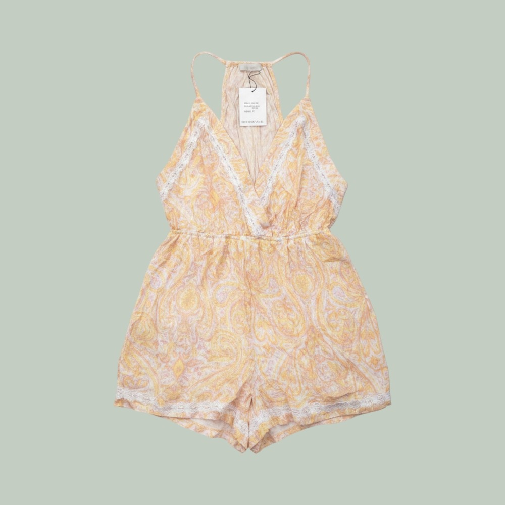 Dance & Marvel Paisley Romper Jumpsuit Lace Trim Yellow Pink Boho Cottagecore L